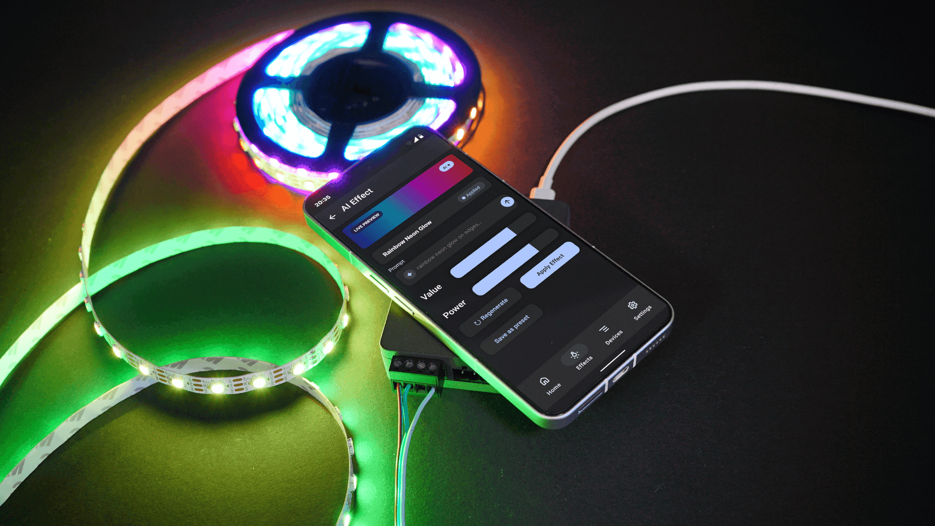 Mobile app AI chat interface – user typing lighting effect description, colorful preview of generated effect below