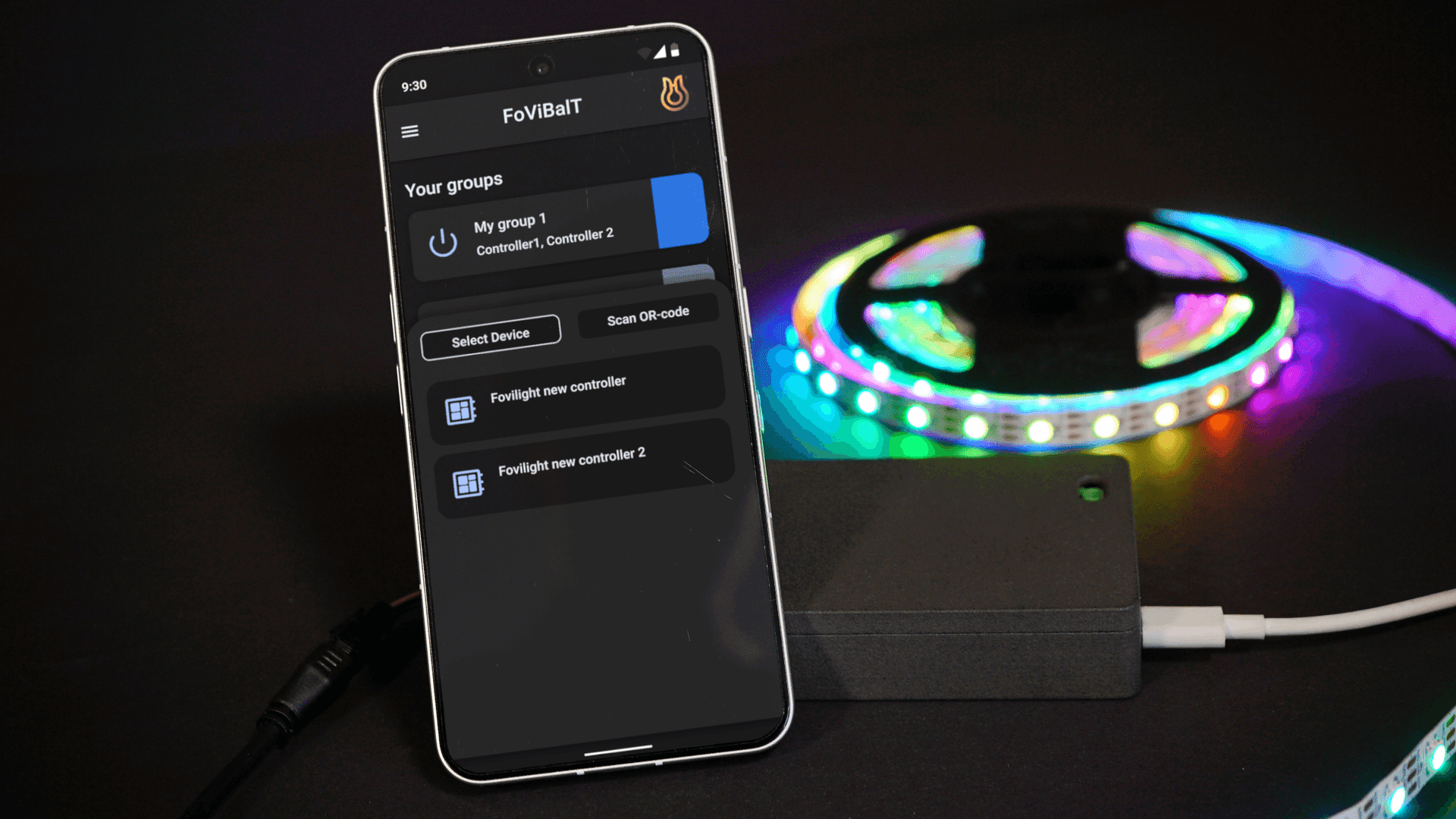 Fovilight device shown in BLE pairing mode with nearby phone discovering it in the app device list