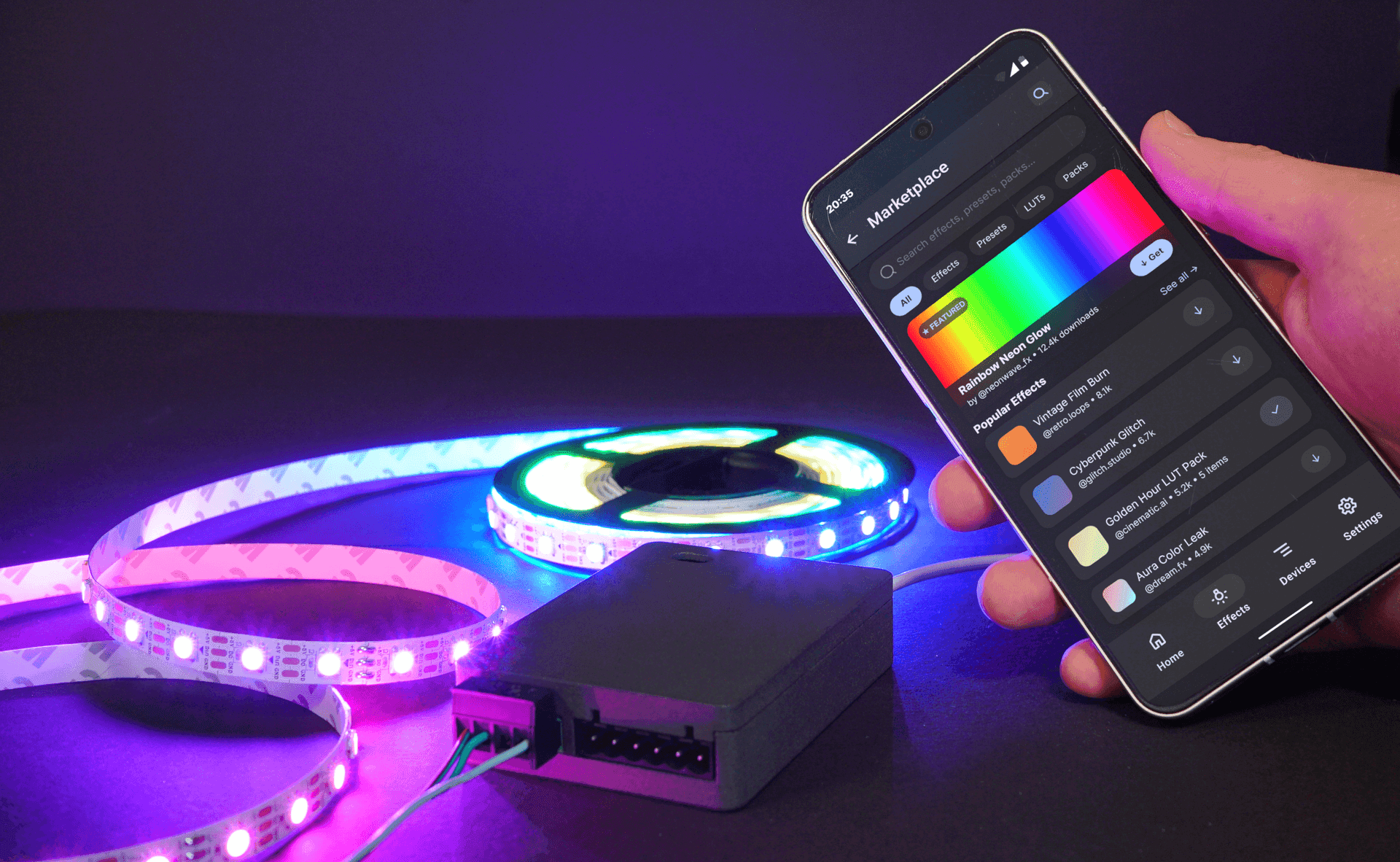 Effect store marketplace grid – showing various community-made lighting effect thumbnails with ratings and download counts